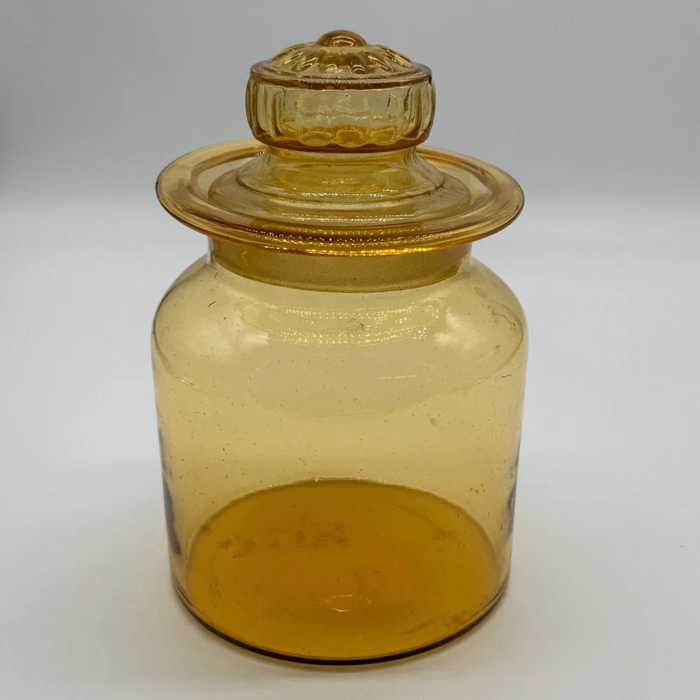 Vintage Takahashi Amber Glass Apothecary Jar Daisy Lid Hand Blown 7x4.5